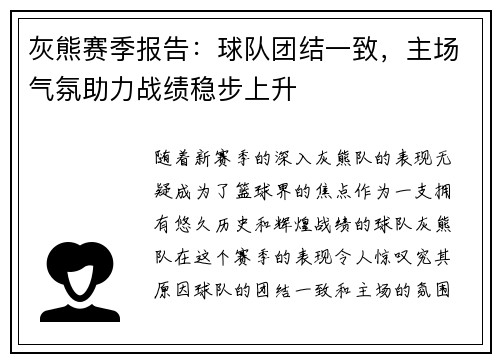 灰熊赛季报告：球队团结一致，主场气氛助力战绩稳步上升